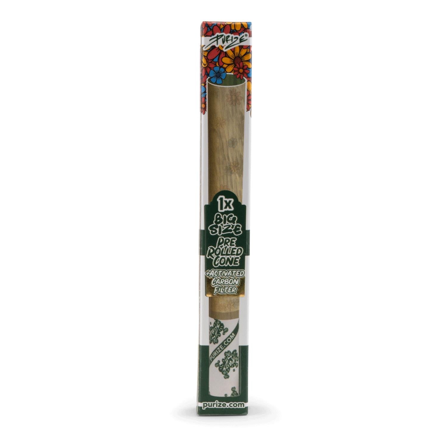 PURIZE Big Size Pre Rolled Cone mit Aktivkohlefilter, Einzelverpackung mit Blumen-Design, Sichtfenster und PURIZE Logo